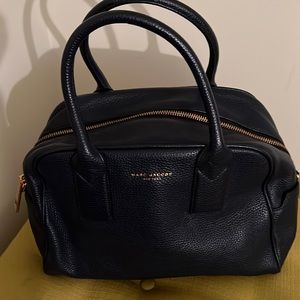 Marc jacobs mini leather satchel with gold detail in a deep eggplant.